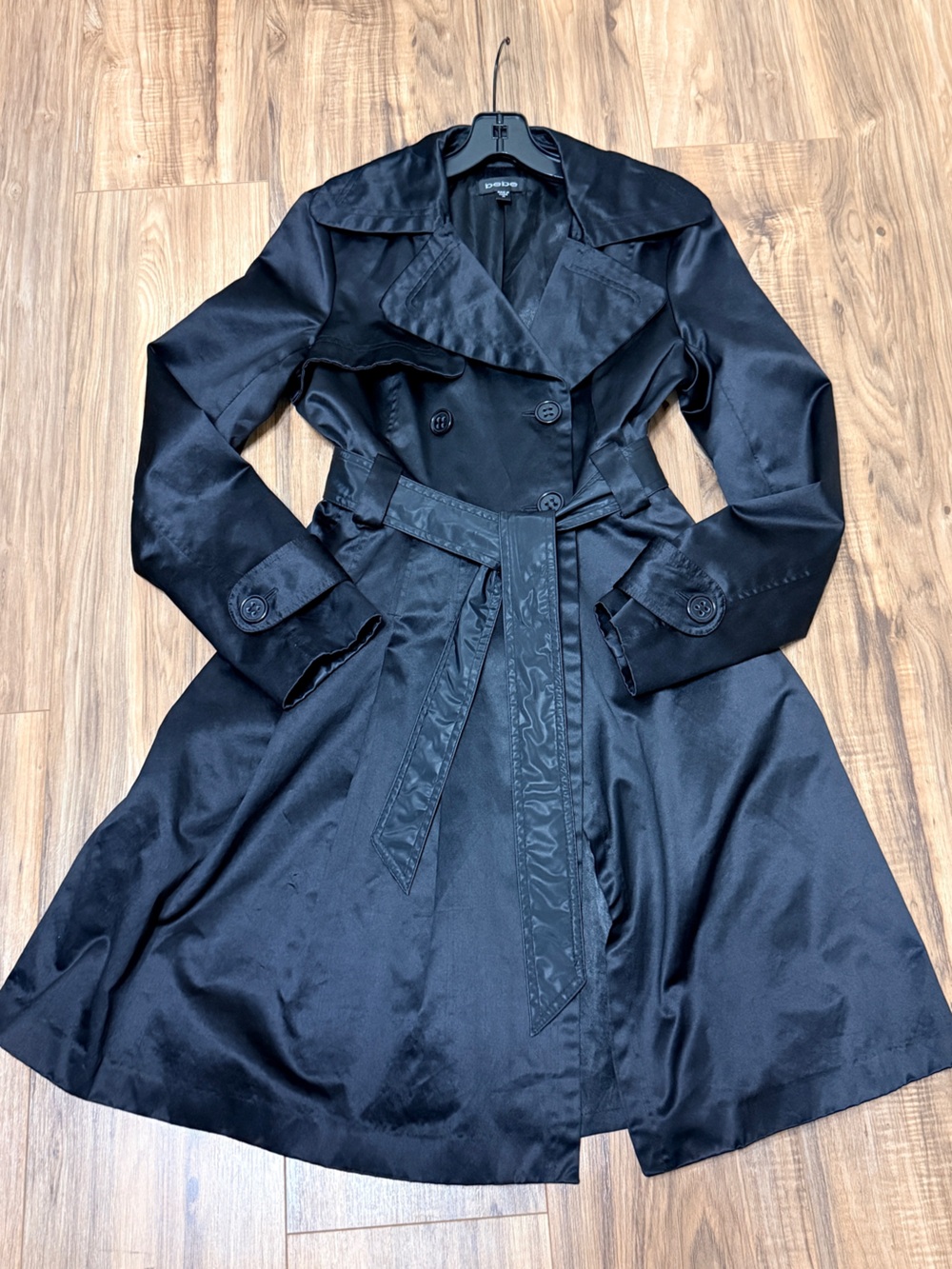 Bebe Y2K Women's Trench Coat Vintage Belted Flared Black sz M - Picture 5 of 9